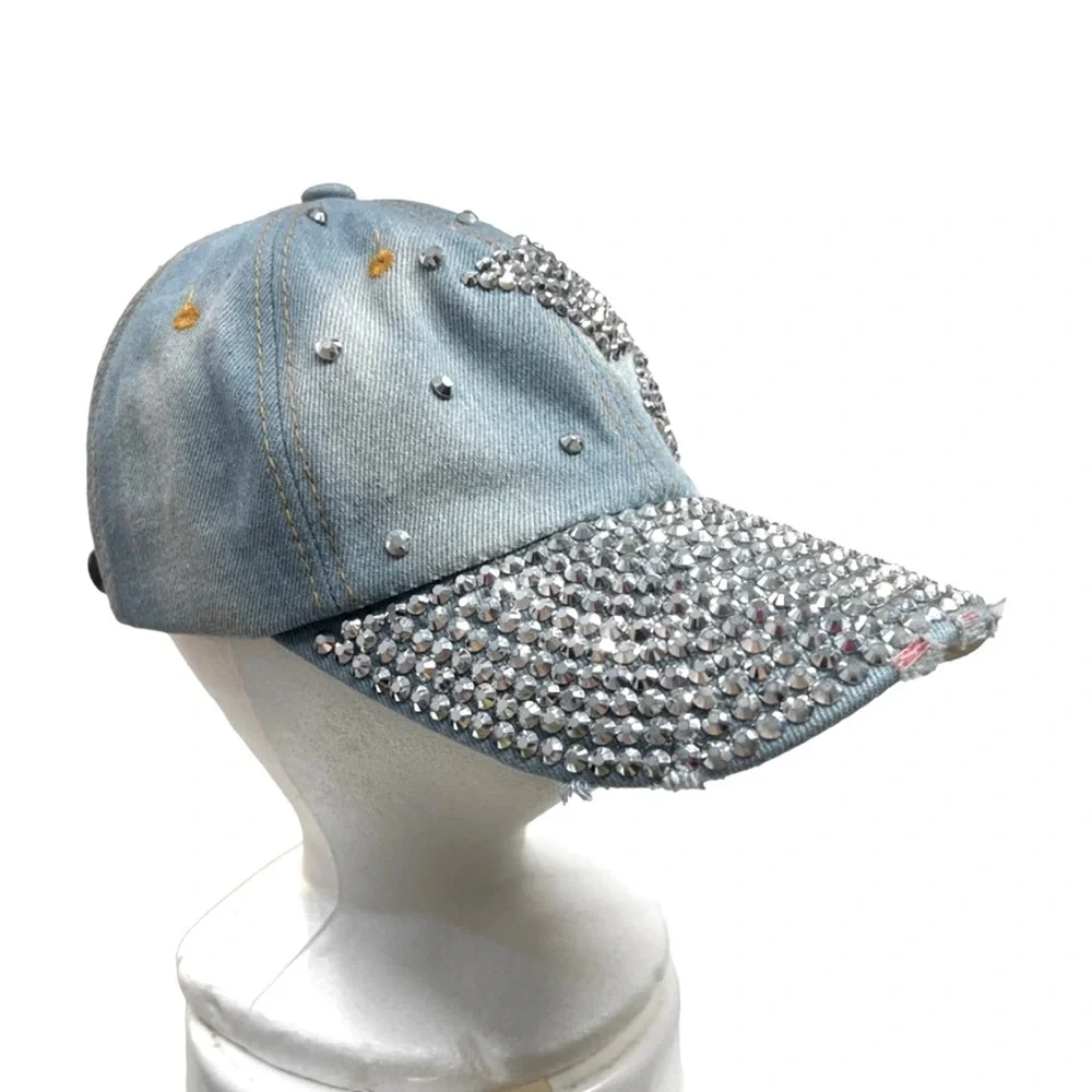 Embellished Ball Cap Distressed Light Denim‎ Silver Stud Butterfly Baseball Hat